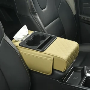 Leather Car Armrest with Cup Holder & Tissue Box - Multifunctional Cream Interior