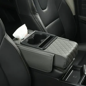 Leather Car Armrest with Cup Holder & Tissue Box - Multifunctional Gray